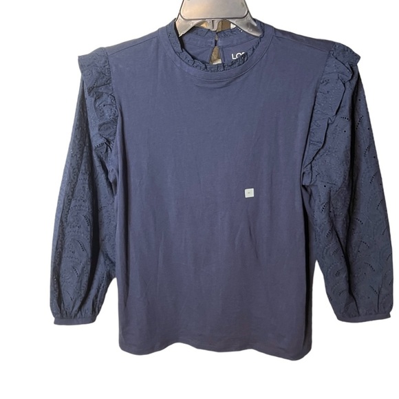 NWT LOFT Eyelet Ruffle Trim Sleeve Blouse - Picture 1 of 5